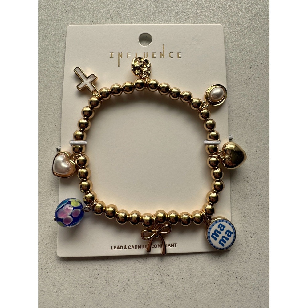 Influence Gold Tone Beaded Charm Bracelet Cross Heart Mama Pearl Bow New